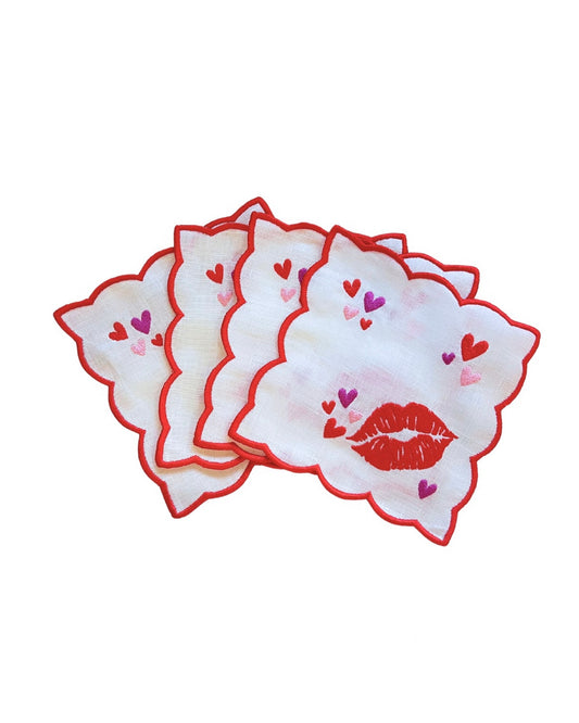 Hearts & Kisses Linen Cocktail Napkins (4)