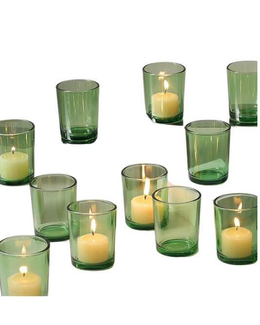 Green or Pink Glass Votive Candle Holders & Candles RENTAL